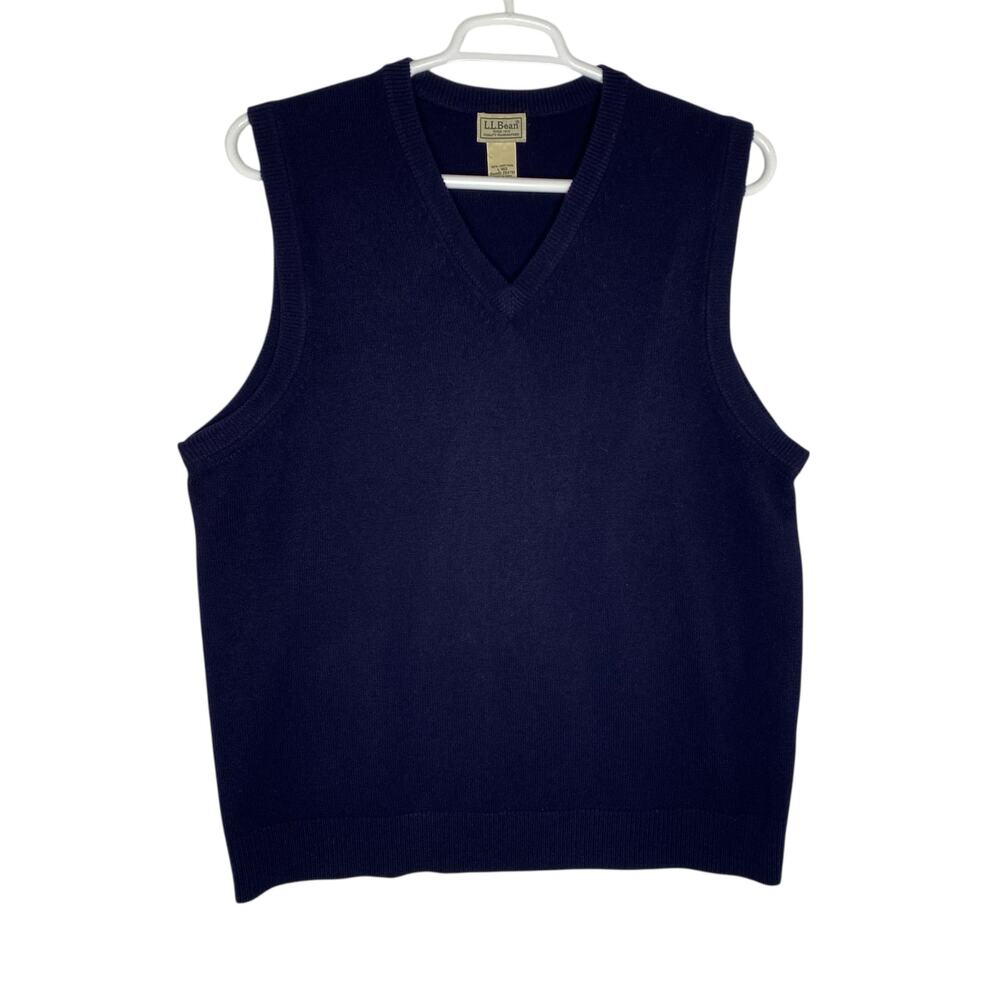 L.L. Bean Sweater Vest Navy Blue Lambswool Knit V-Neck Mens Large Old Money Ivy